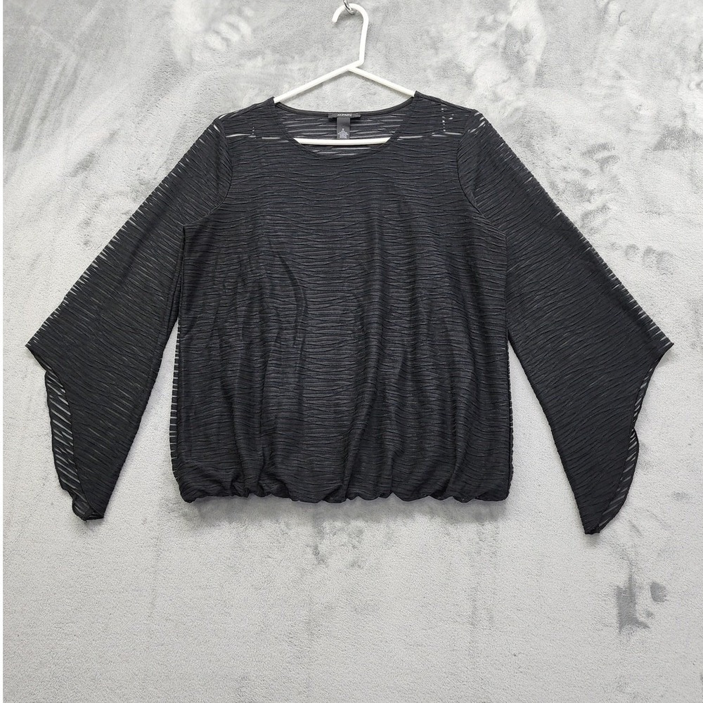 Alfani Top Womens S Black Sheer Illusion Stripe Textured Bubble Hem Crop Sleeves